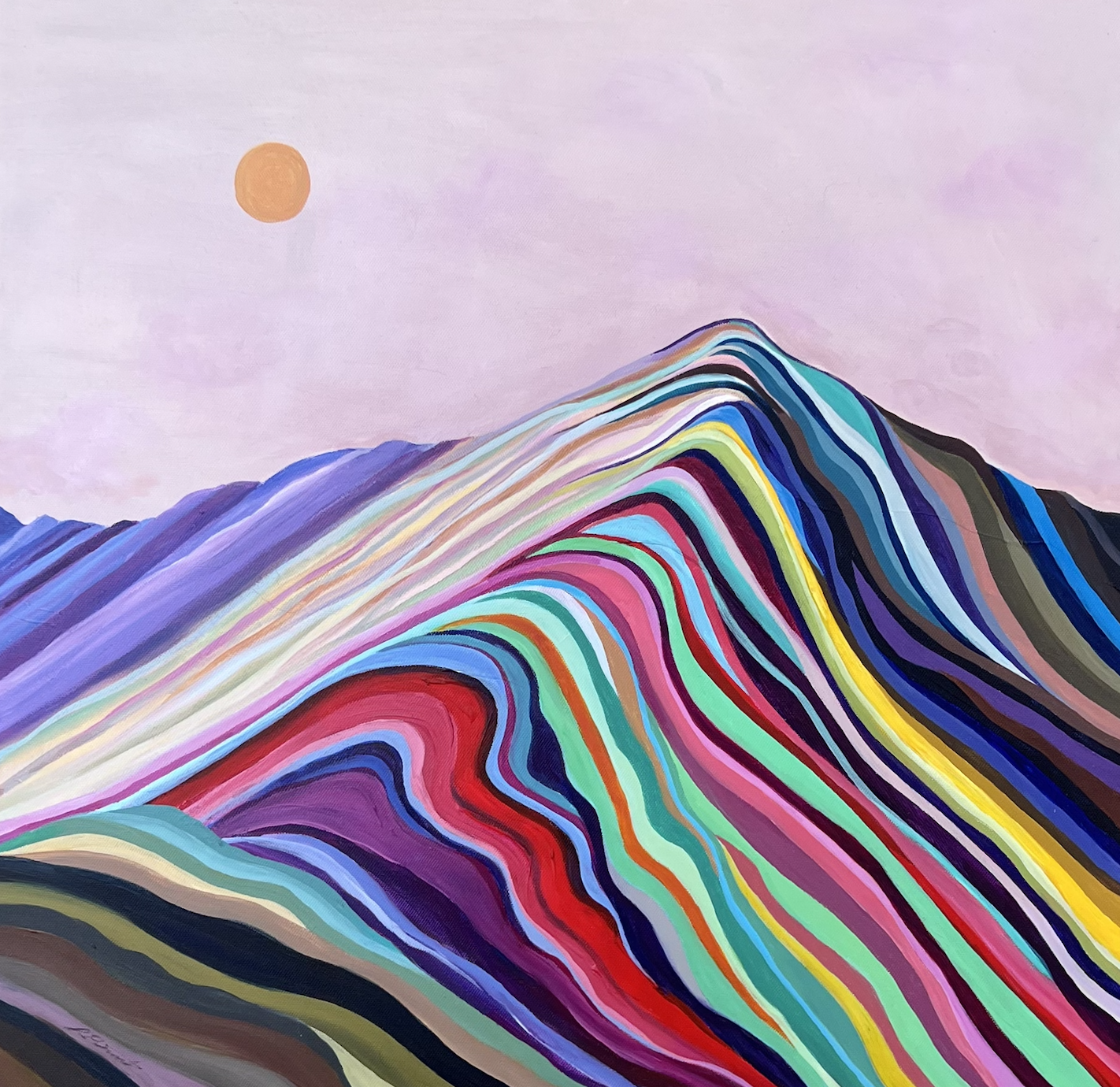 Abstract colorful mountain landscape with a pink sky and an orange sun.