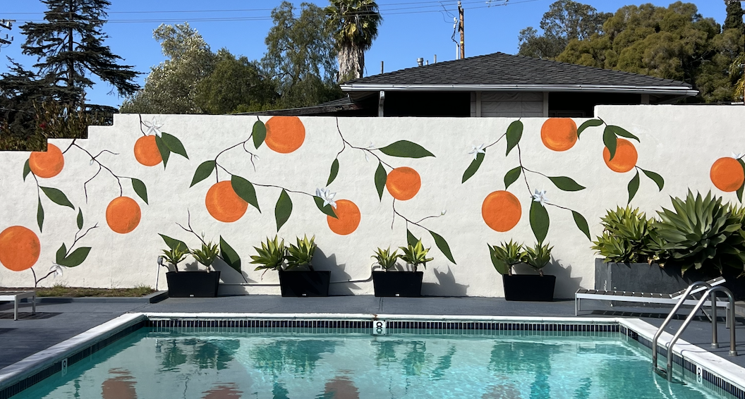 Pool with a mural of orange fruit and green leaves on a white wall