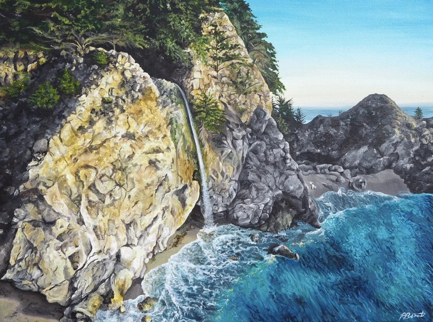 A painting of a rocky coastline with a small waterfall flowing from a cliff into the ocean, surrounded by green trees and a blue sky.