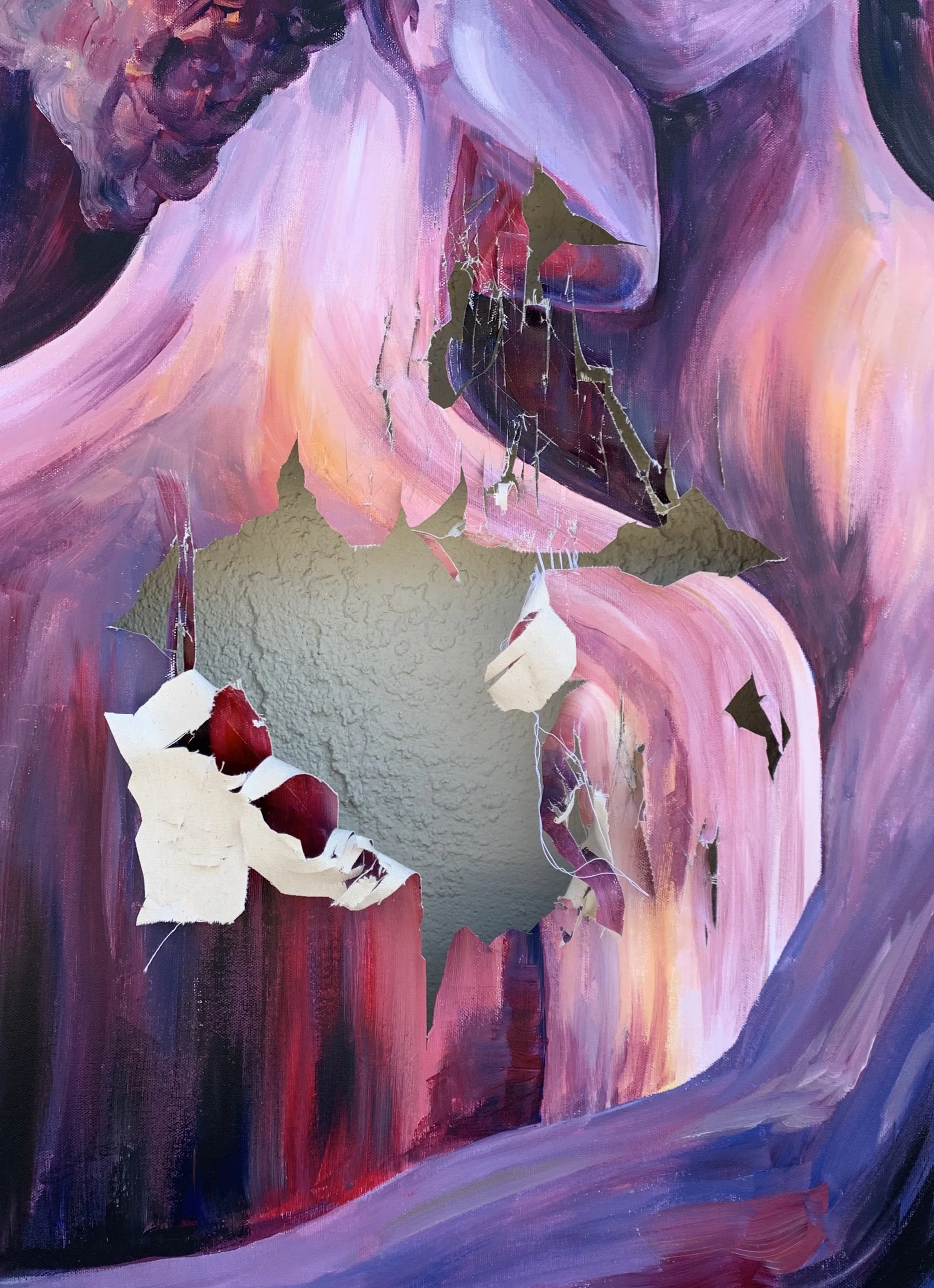 Close-up of a damaged wall with a painted mural of pink and purple abstract shapes, revealing a hole with drywall torn away.