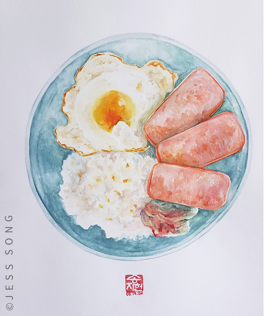Spam, eggs, rice, kimchi, 2020.