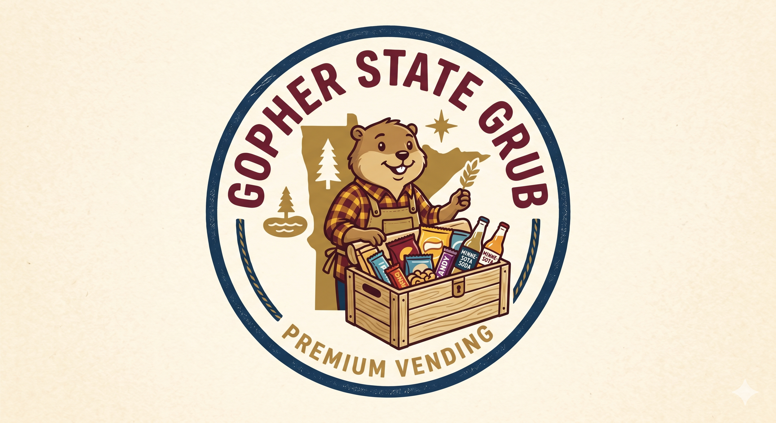 Logo of Gopher State Group with a gopher holding a leaf in front of a wooden crate filled with snacks and drinks, with a background of the state of Minnesota, pine trees, a river, and a star.