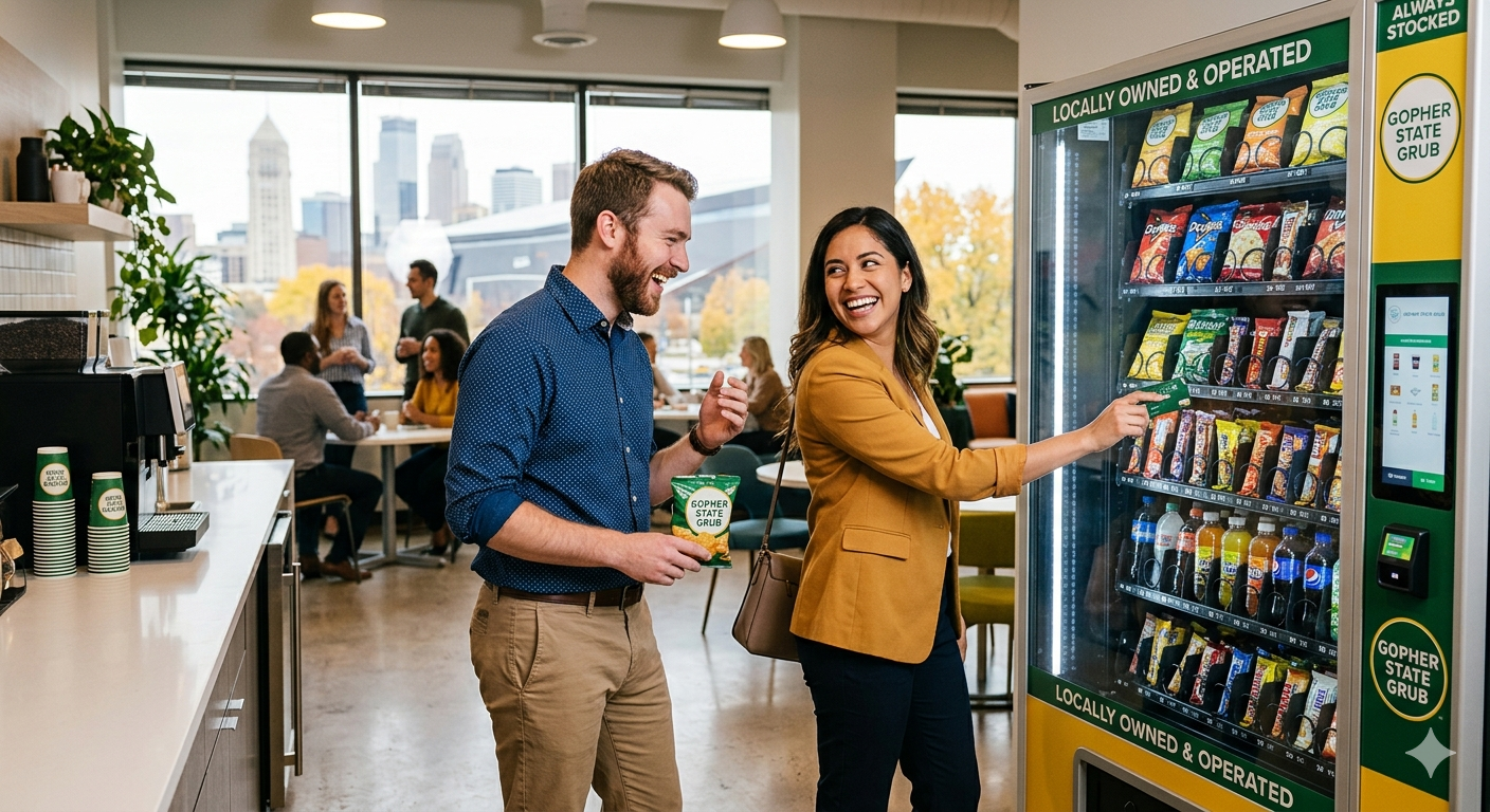 Two people, a man and a woman, enjoy a snack as they use a vending machine for snacks and drinks inside a café with city buildings visible through large windows in the background.