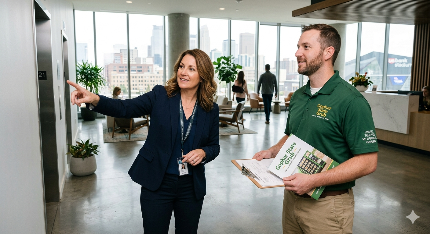 A woman in a dark blue business suit points at an elevator panel while talking to a man in a green polo shirt holding a clipboard and brochure, inside a modern office lobby with large windows showing a cityscape.