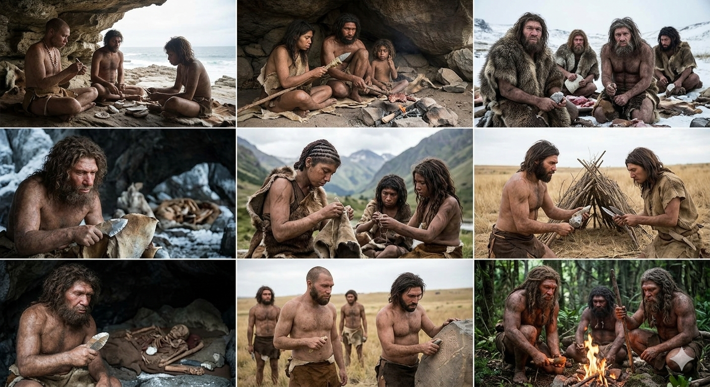 A collage of nine images depicting early humans and their activities, including making tools, gathering around fires, and tending to their environment, set in various natural outdoor locations.