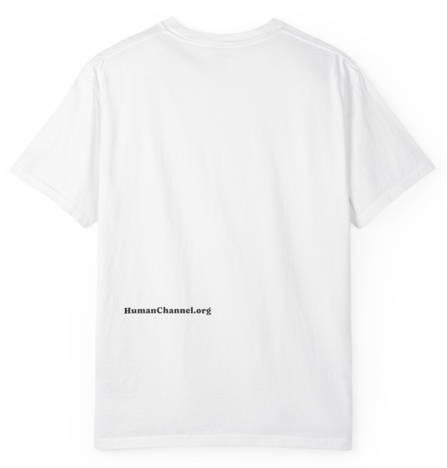 Back of a white T-shirt with black text reading "HumanChannel.org" near the bottom.