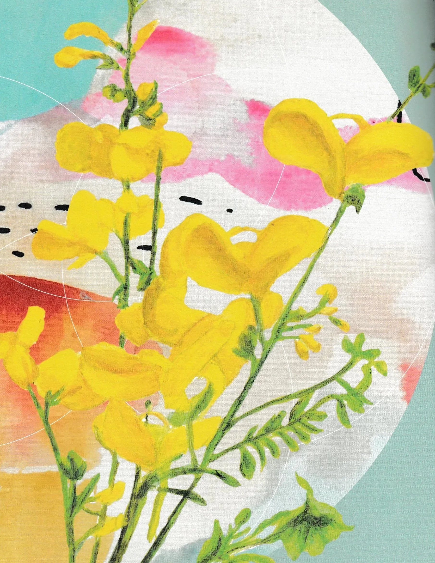 Close-up of a watercolor painting of yellow flowers with green stems and leaves against a pastel background of pink, blue, and peach with abstract shapes.
