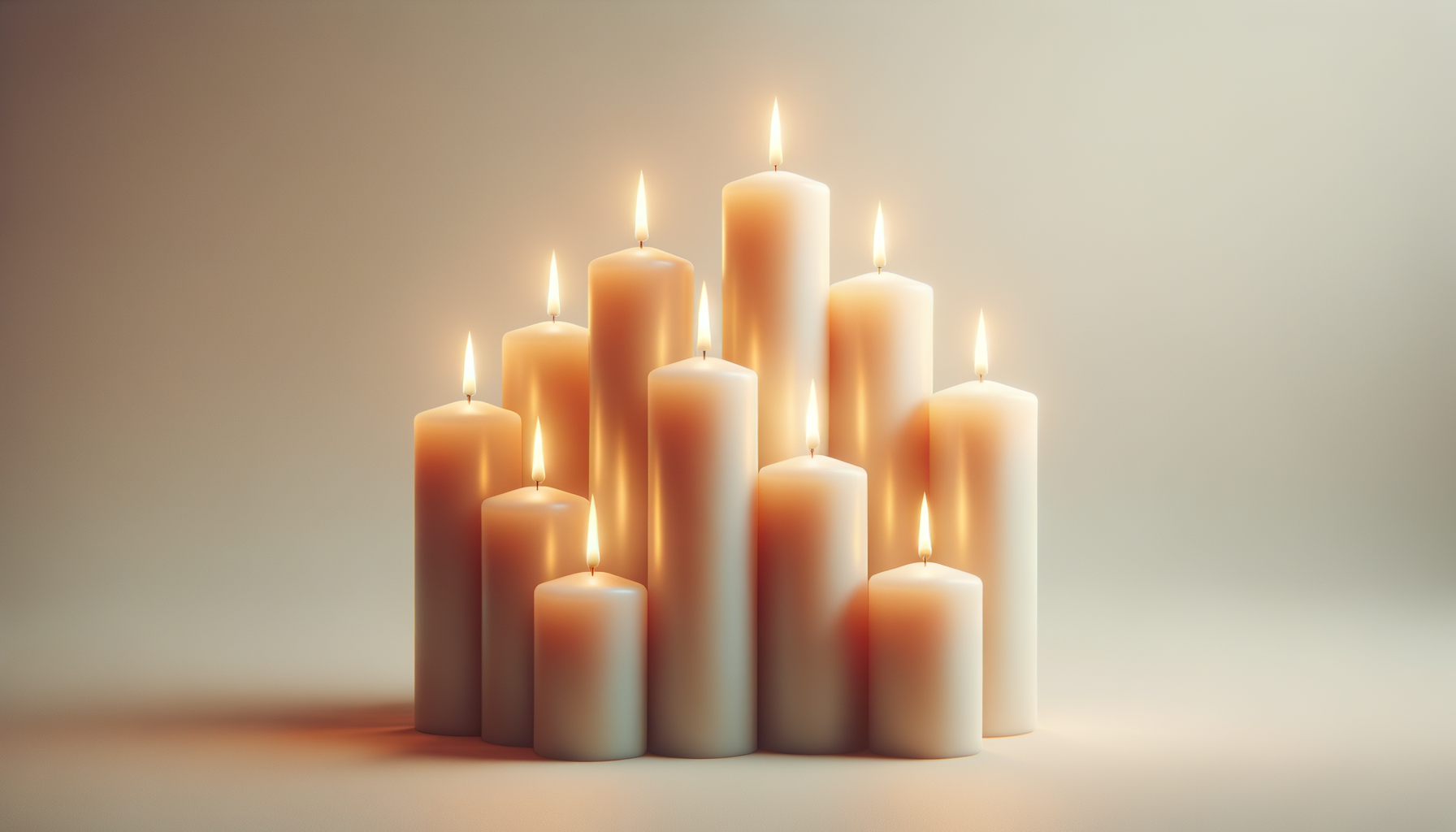 Set of lit white candles with varying heights on a neutral background.