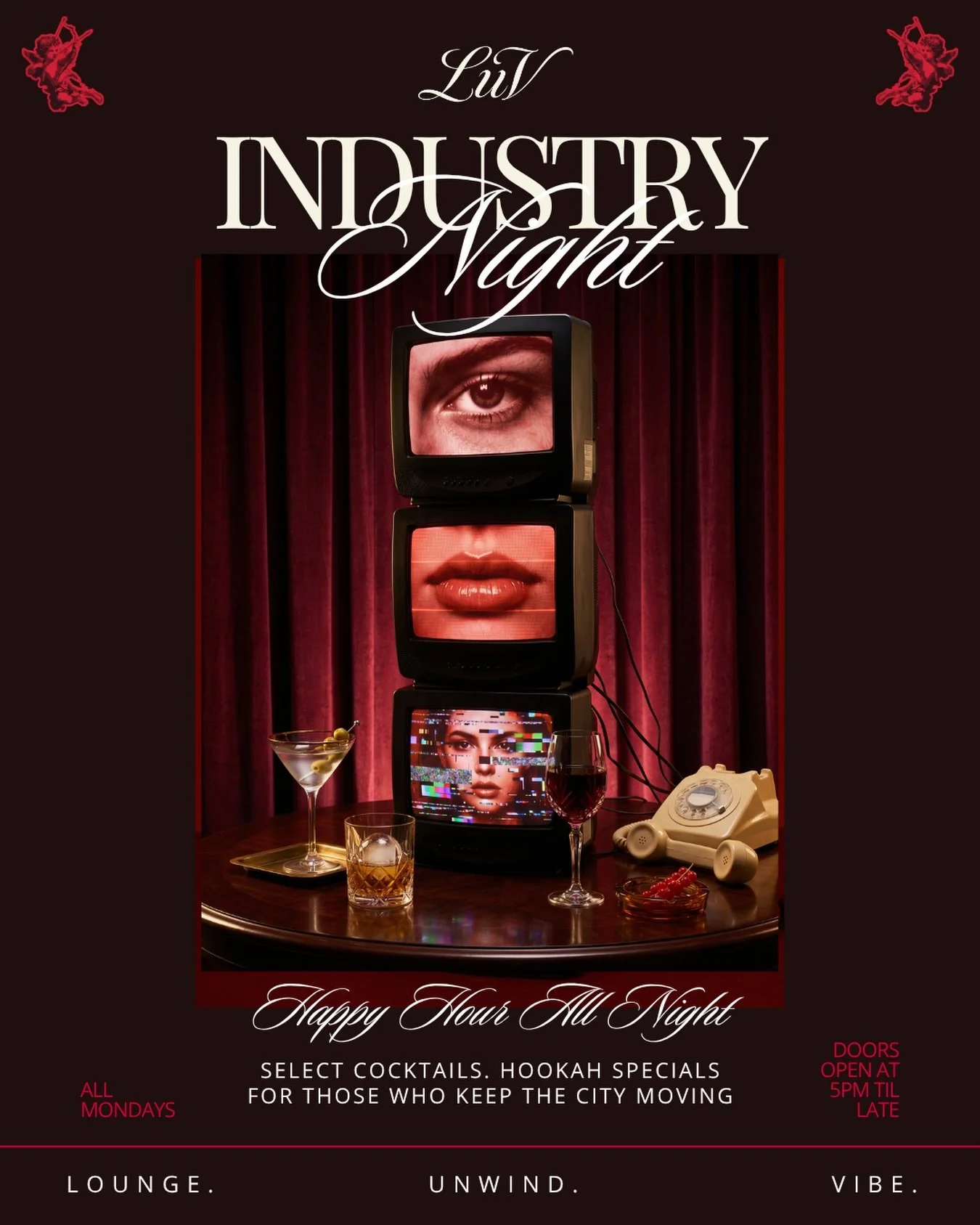 Service Industry Night at LUV

For those who keep the city moving

A space to unwind, reset, and settle into the night
R&amp;B, chill hip hop, and a smooth, low key atmosphere designed for decompression

Happy Hour Menu All Night
Hookah Specials Avai