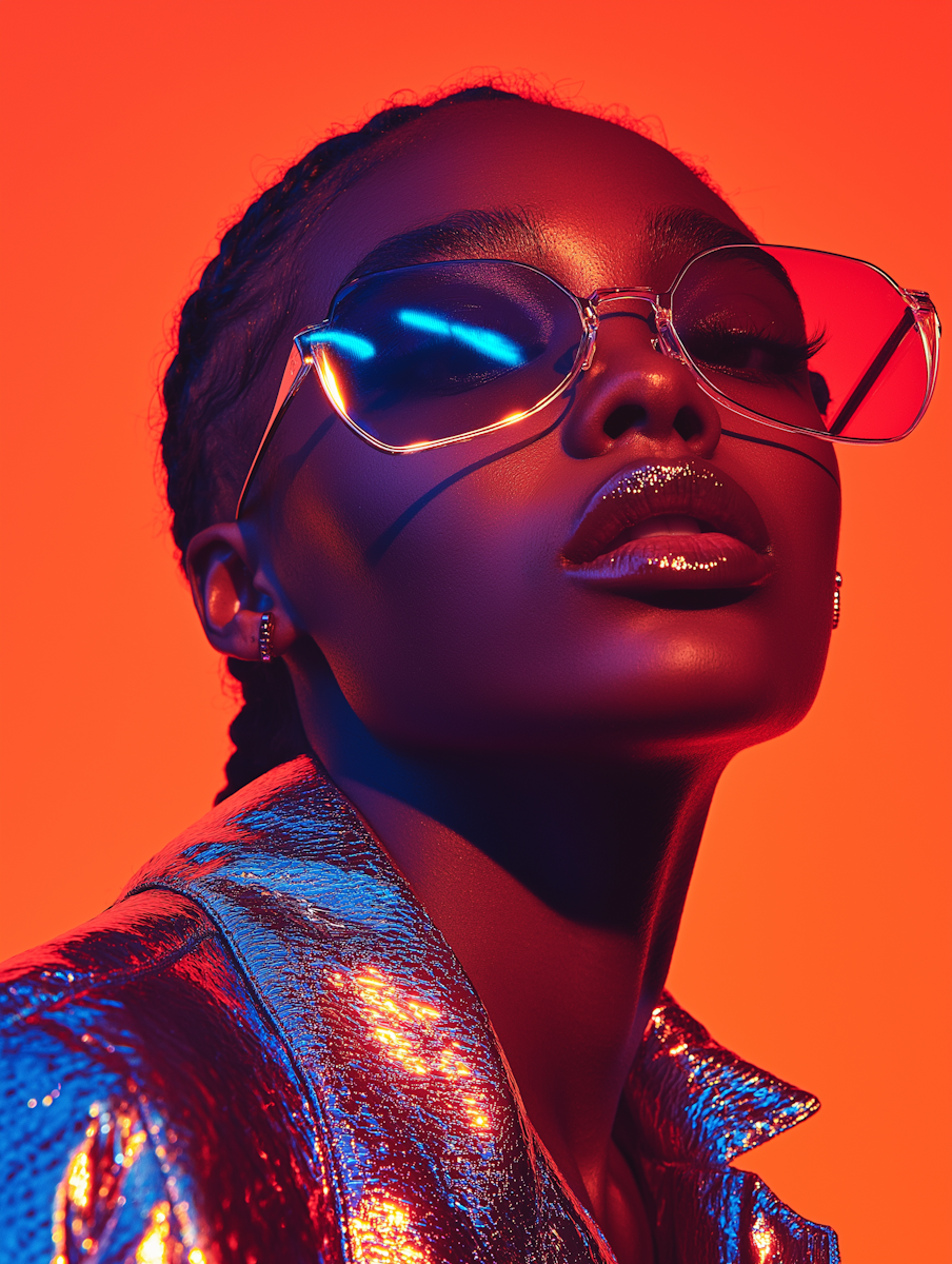 Portrait of a woman wearing sunglasses with reflective lenses, shiny metallic jacket, and makeup, set against an orange background with colorful lighting.