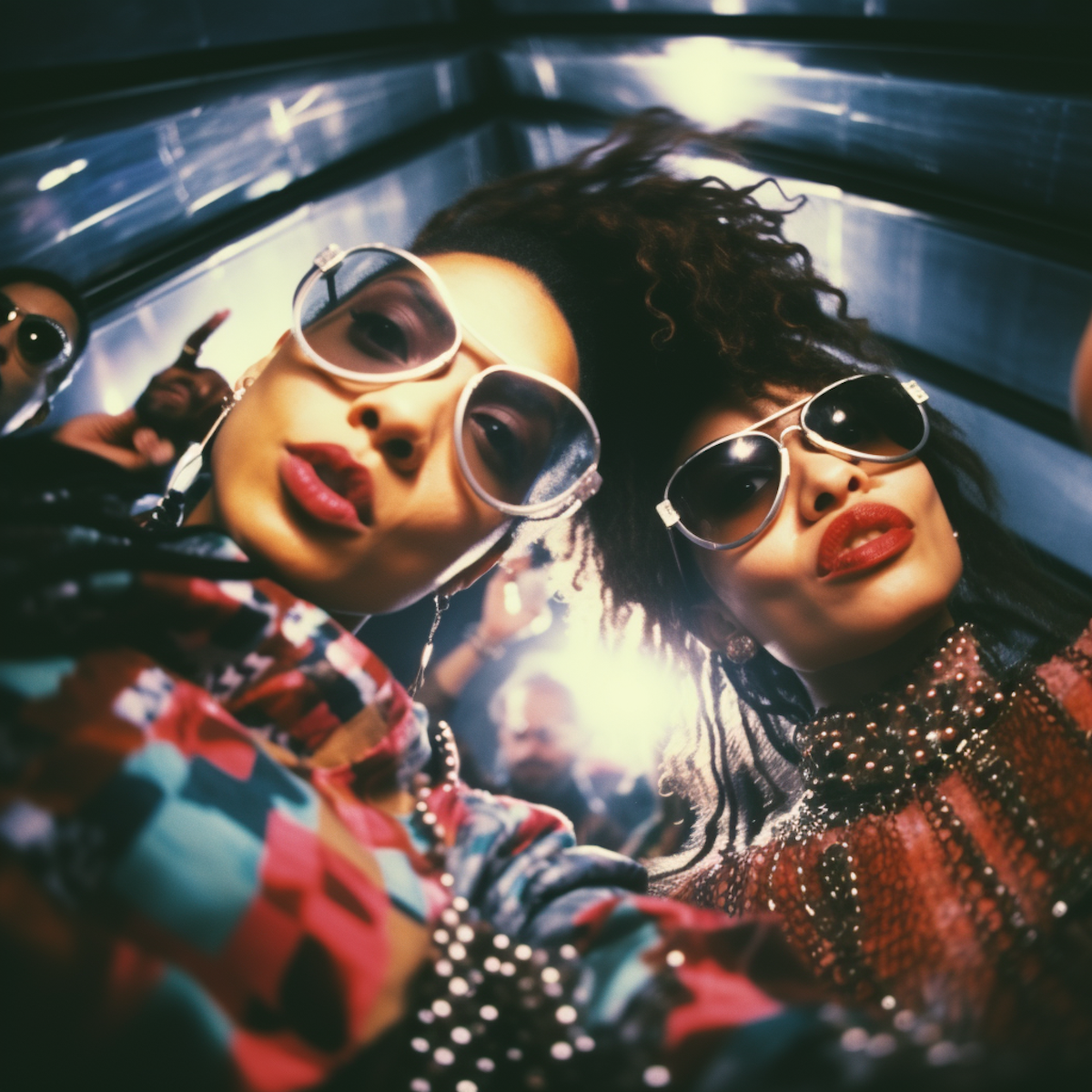 Two stylish women with sunglasses posing closely together in a lively, possibly nightclub setting with reflections and bright lights.