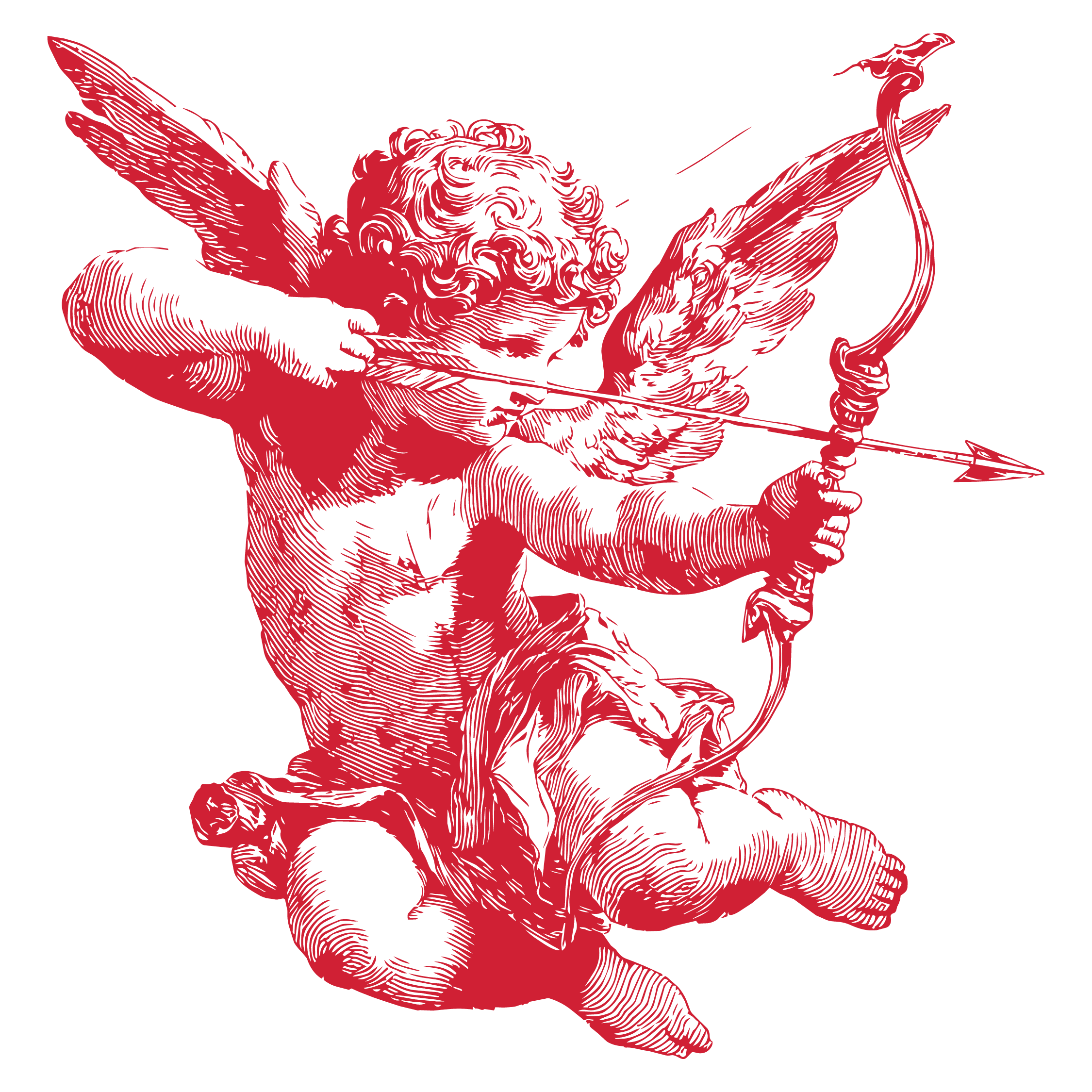 Red illustration of a winged figure riding a creature with a bow and arrow on a black background.