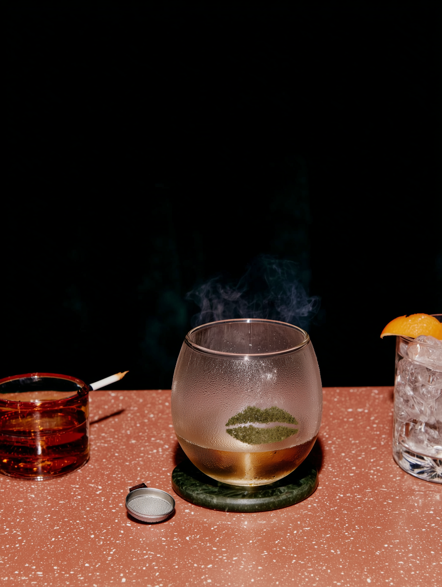 A glass with condensation and a lime kiss inside, steam rising from it, placed on a round green marble coaster on a speckled pink surface, with a cigarette ashtray on the left and a glass of ice with a slice of orange on the right.
