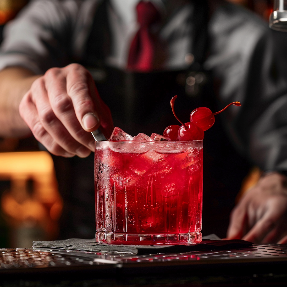 A bartender garnishing a red cocktail with cherries and ice in a glass.