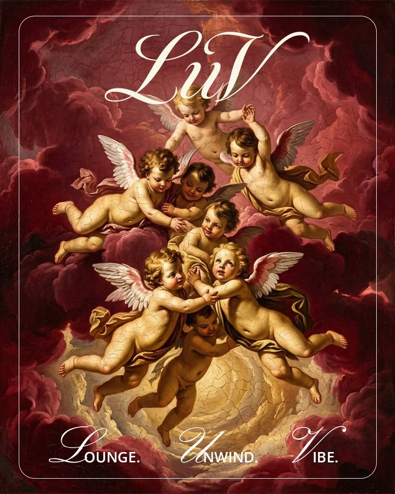 A classical painting of cherubs with wings floating among pink and purple clouds. The cherubs are holding hands and appear to be dancing or flying in a circle. The word 'Luv' is written at the top and the words 'Lounge. Unwind. Vibe.' are at the bottom.