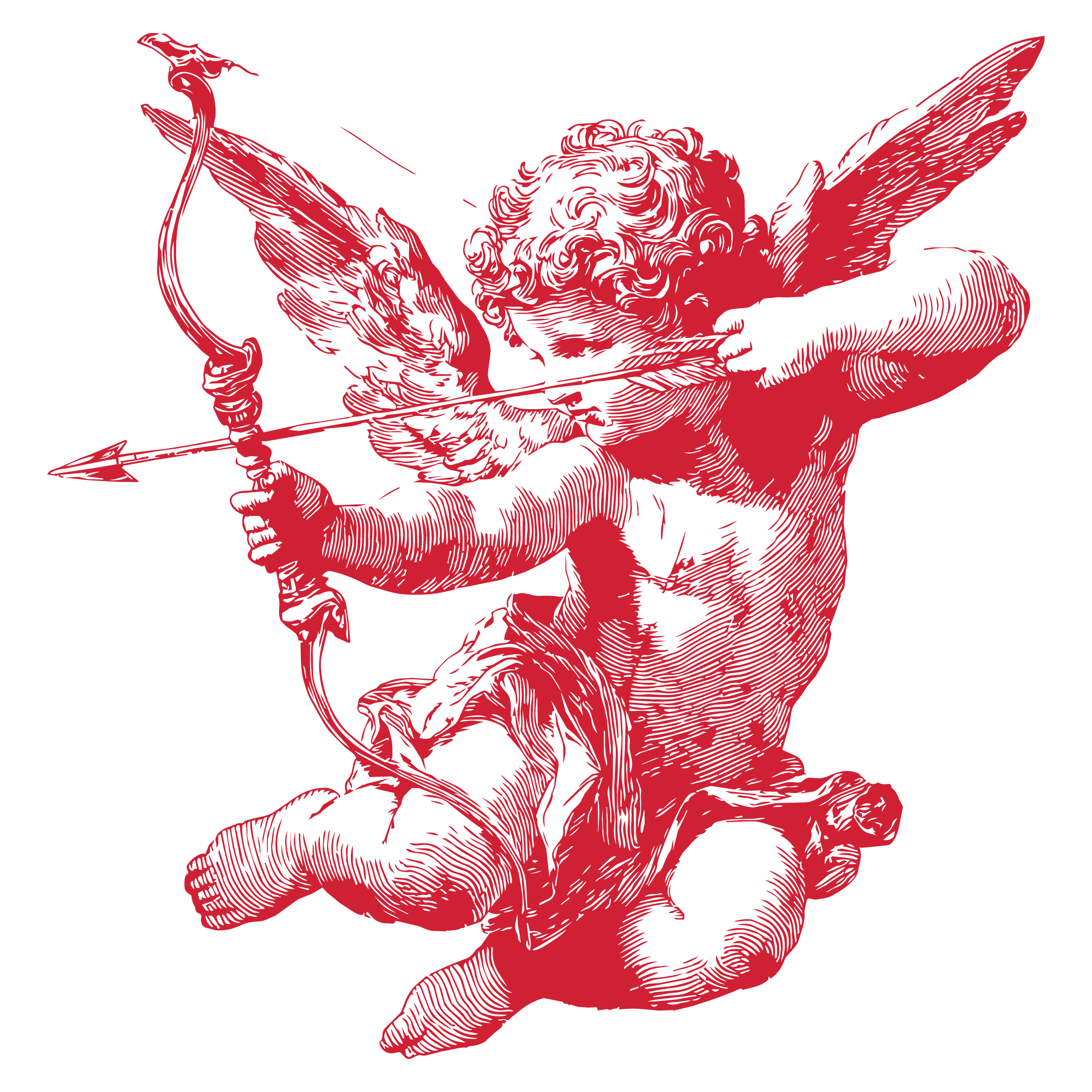 A red illustration of a winged figure holding a spear on a black background.