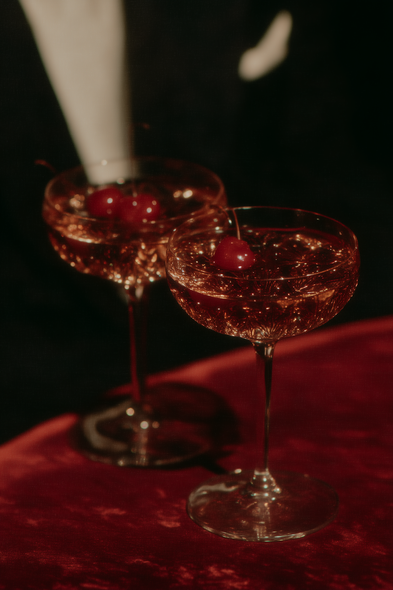Two cocktail glasses filled with a sparkling pink drink, each garnished with a cherry, set on a red velvet surface with a dark background.