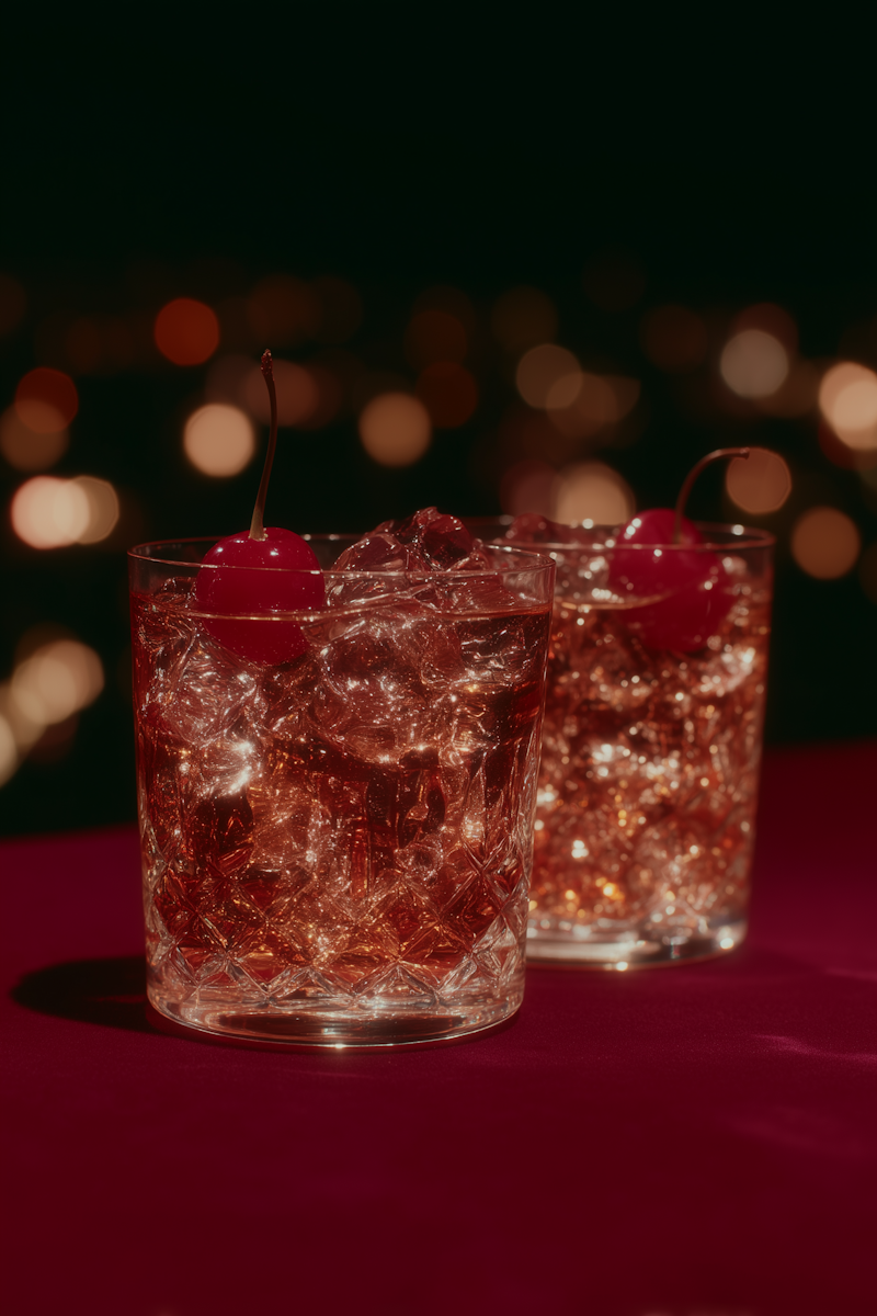 Two glasses filled with a pinkish-red beverage and ice, each garnished with a cherry and set on a dark red surface, with blurred lights in the background.