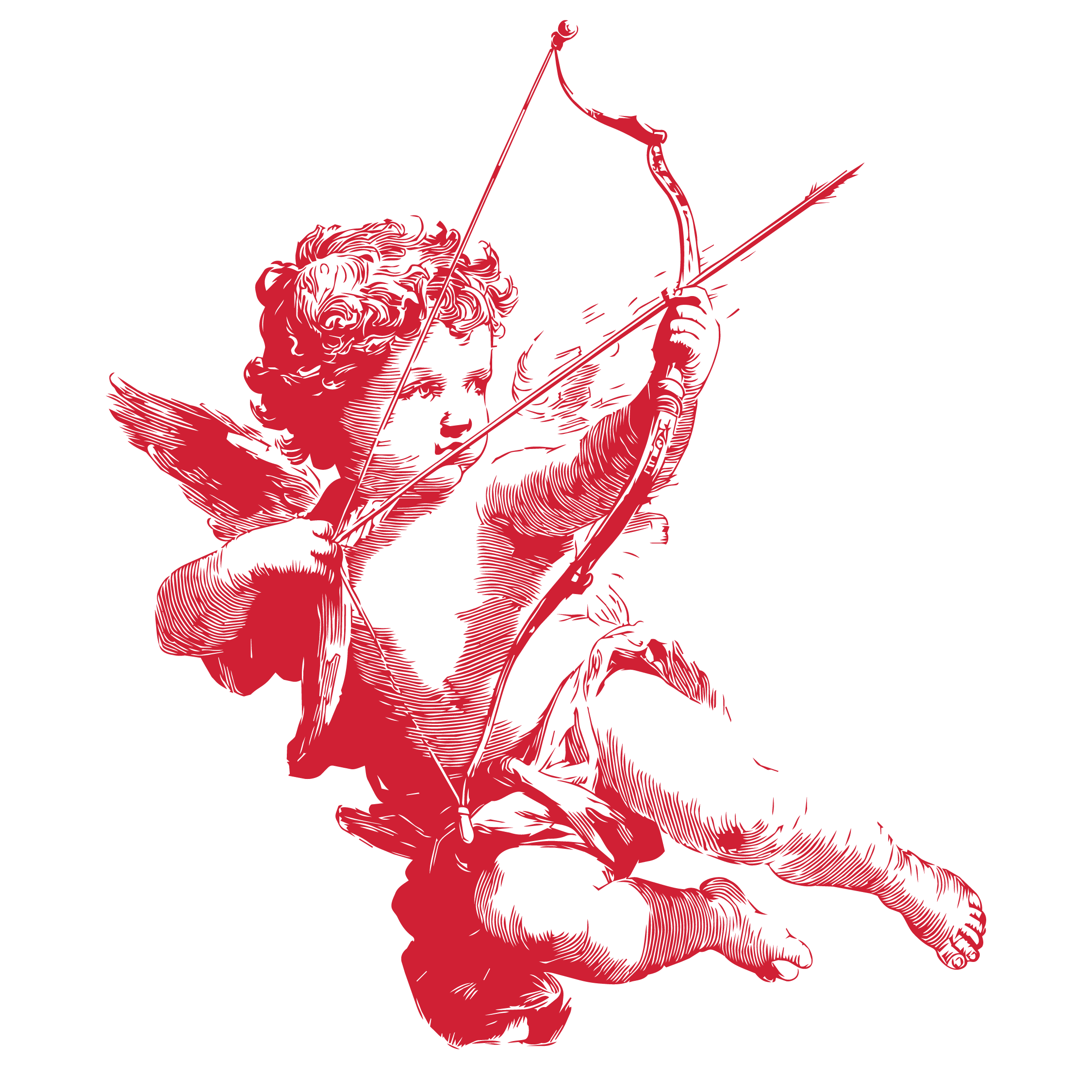 Red graphic illustration of a cherub holding a bow and arrow on a black background.