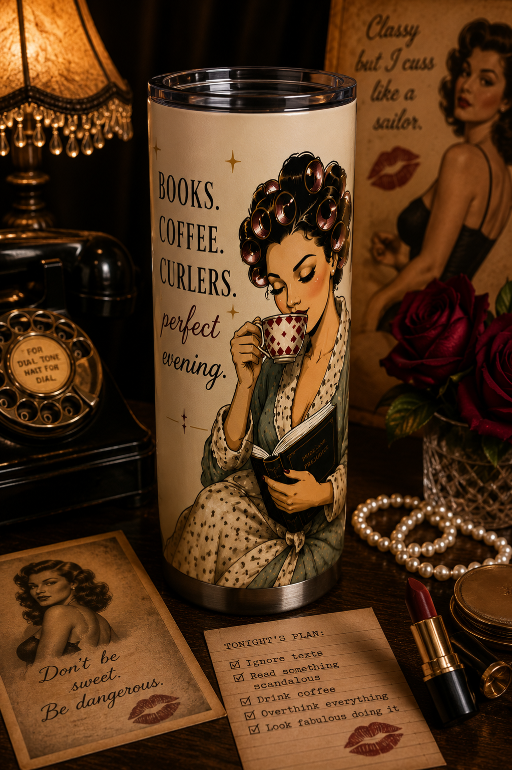 Books. Coffee. Curlers.™ | 20 oz Skinny Tumbler