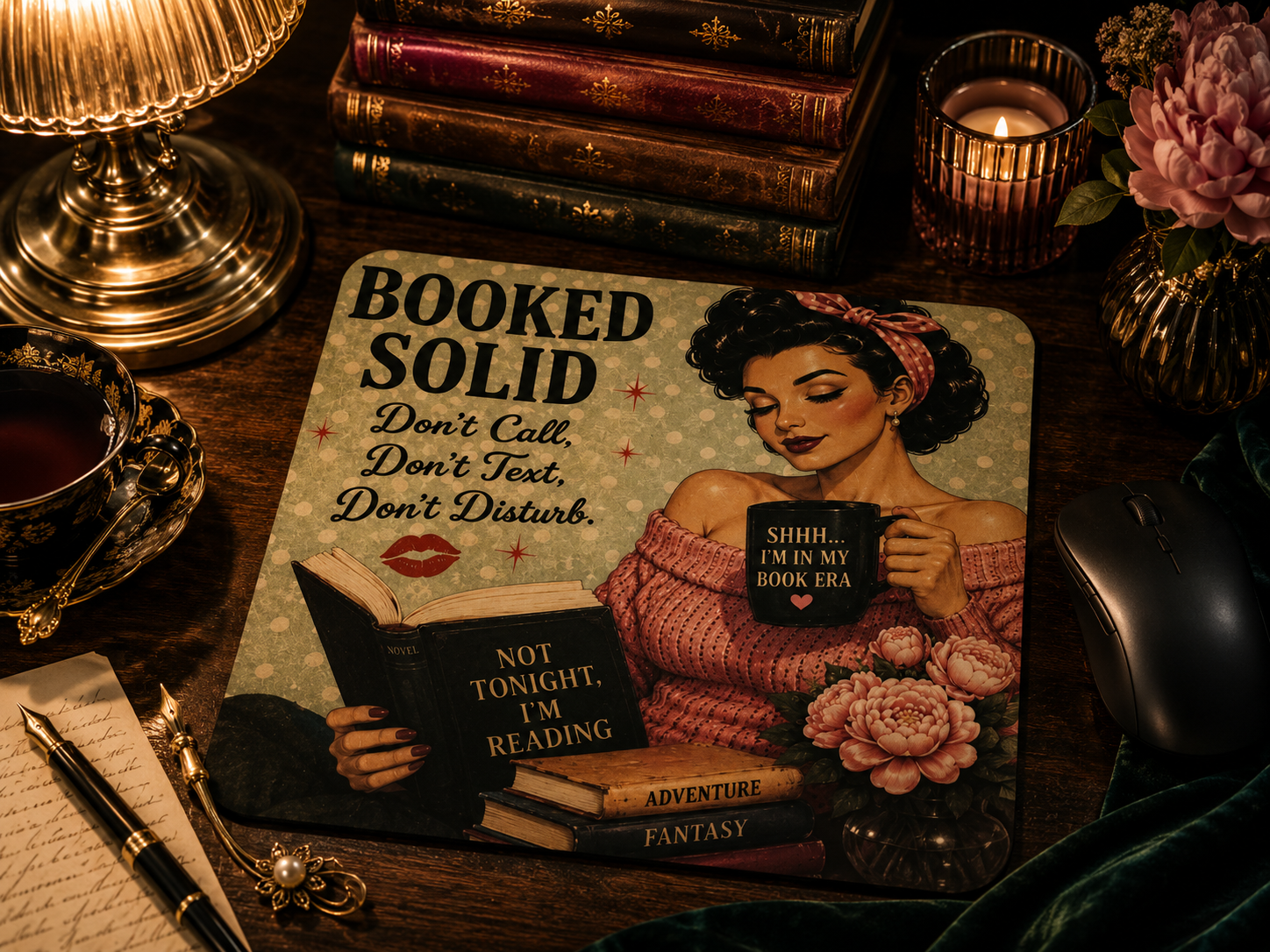 Booked Solid Mouse Pad | Vintage Glamour Book Lover Desk Accessory