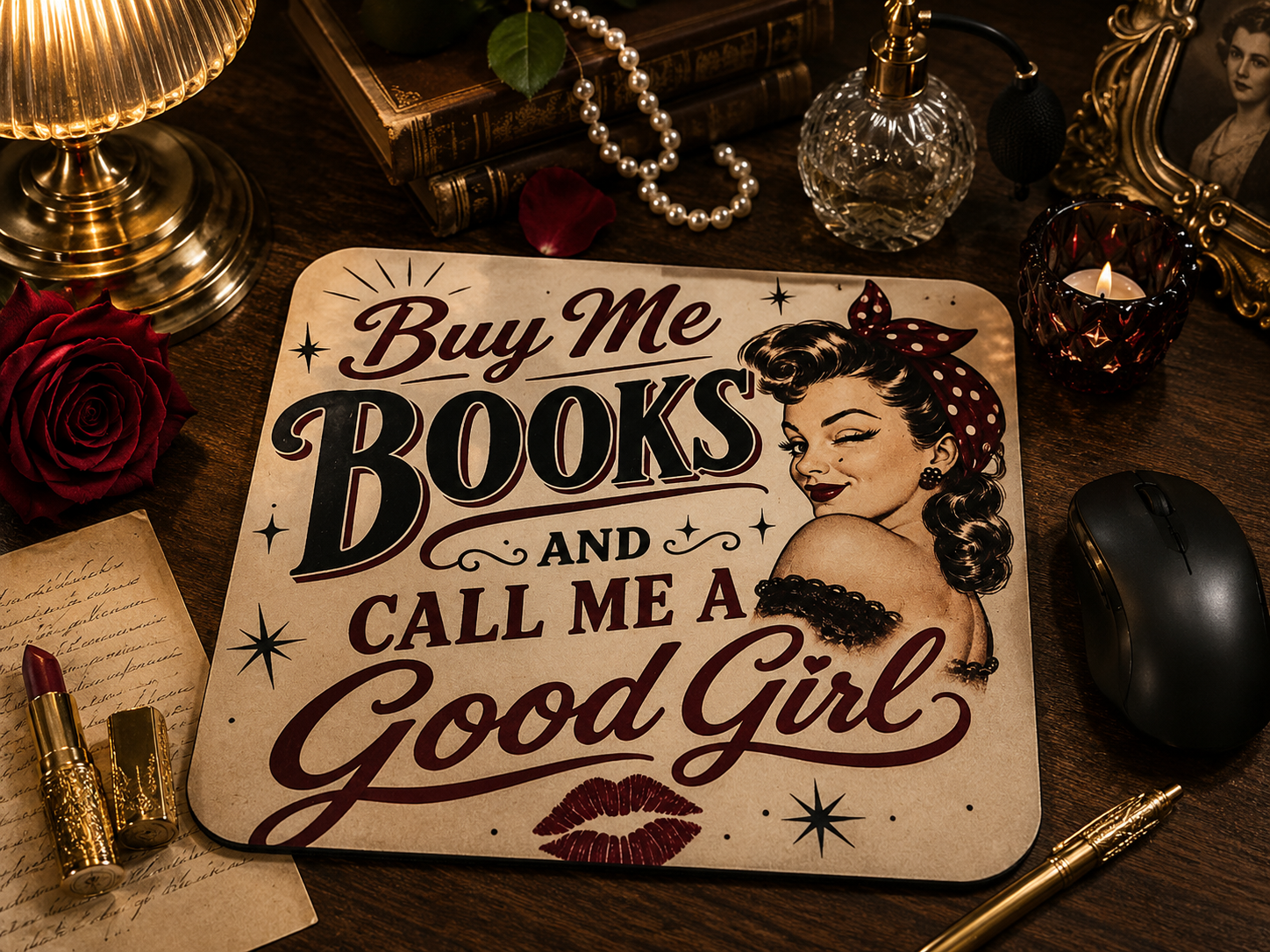 Buy Me Books Mouse Pad | Vintage Pin-Up Romance Reader Desk Accessory
