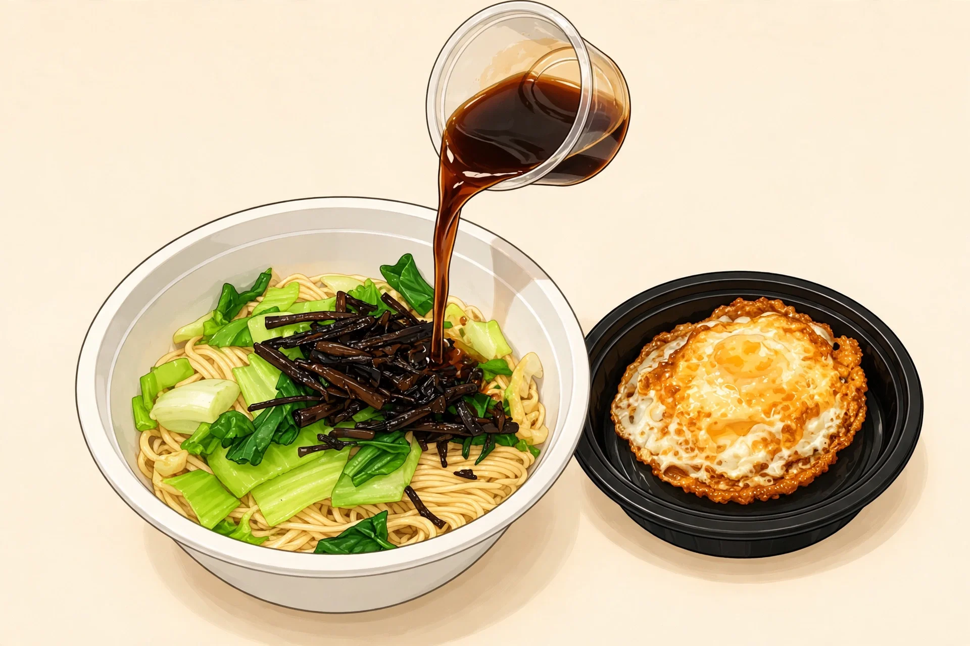 Tossed step 1: pouring sauce over noodles