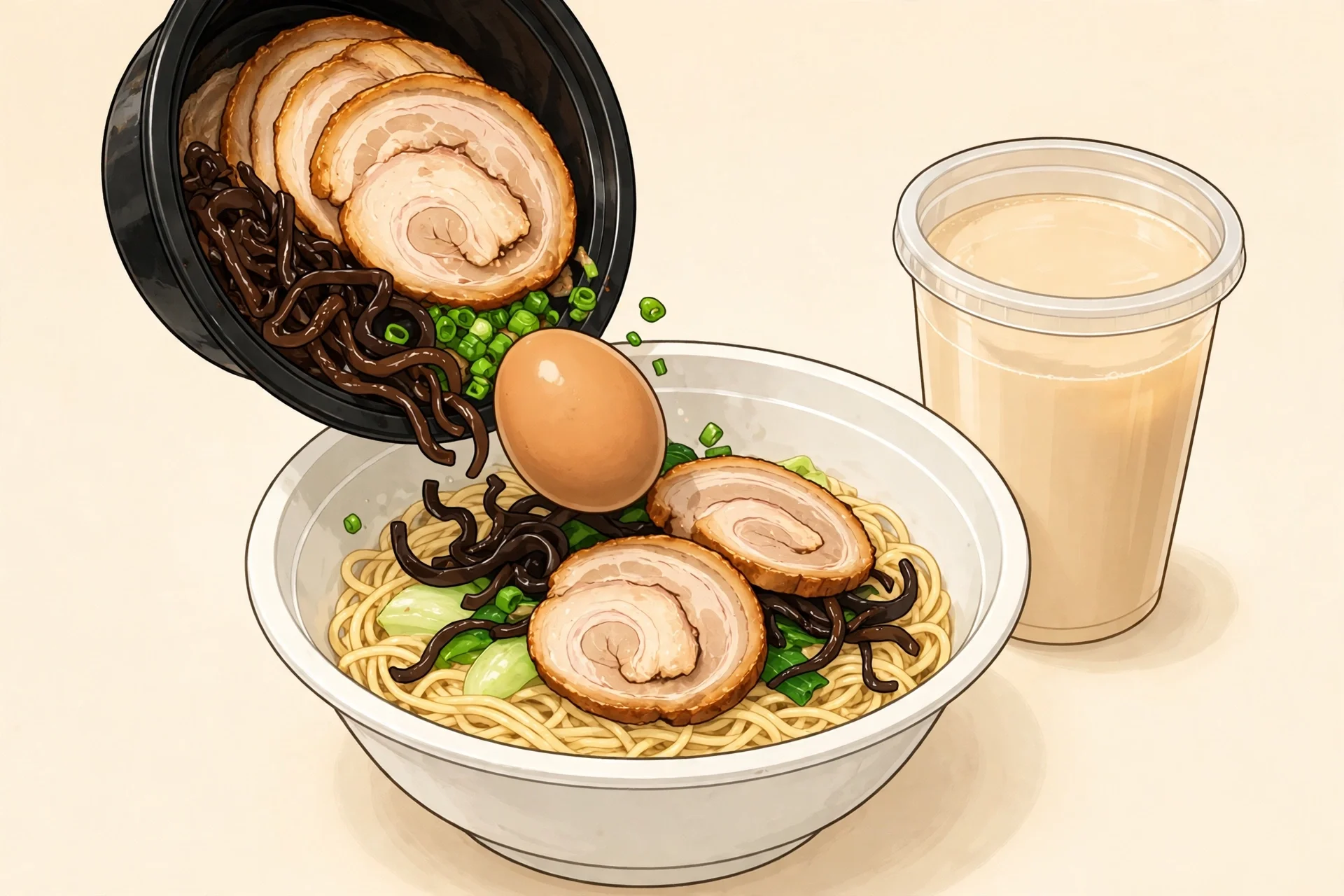 Tonkotsu step 1: toppings on noodles