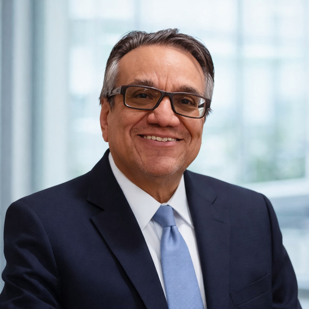 A smiling and professional man with glasses in a suit and tie.