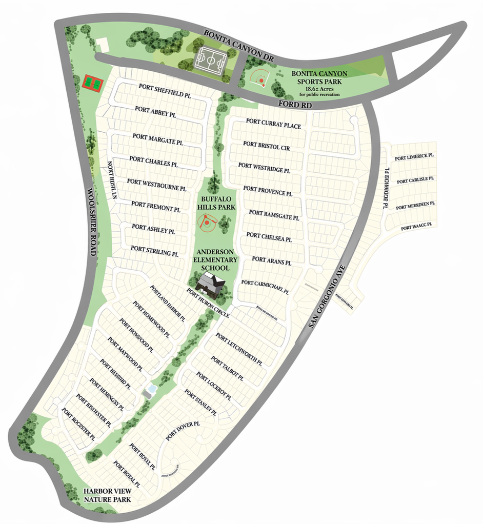 A neighborhood map showing streets, parks, and schools, including Anderson Elementary School, Buffalo Hills Park, and Bonita Canyon Sports Park, with surrounding roads and residential areas.