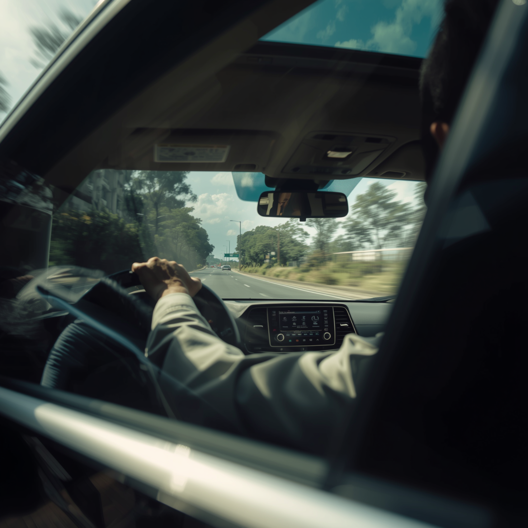 Inside view of a car seen from the back seat, focusing on the windshield showing trees and a partly cloudy sky.
