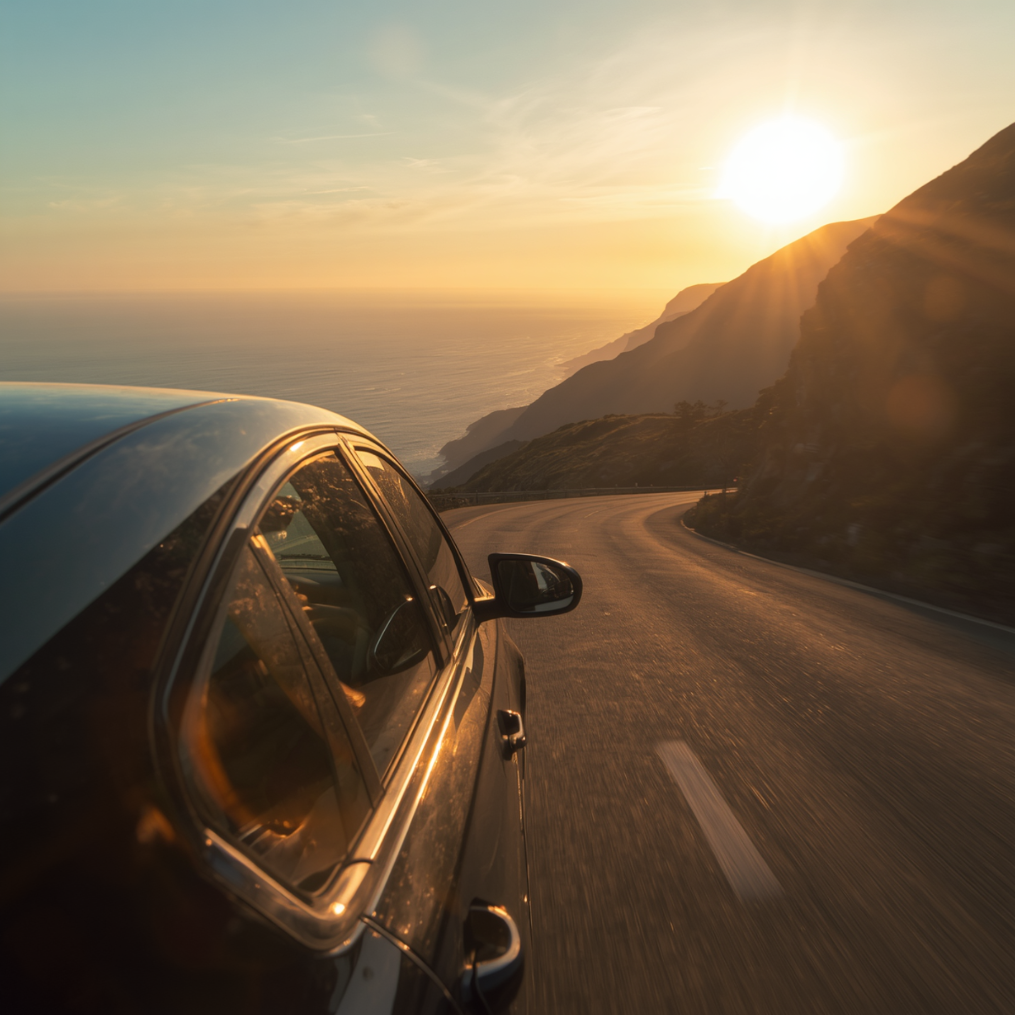Moving car on a coastal mountain road during sunset.