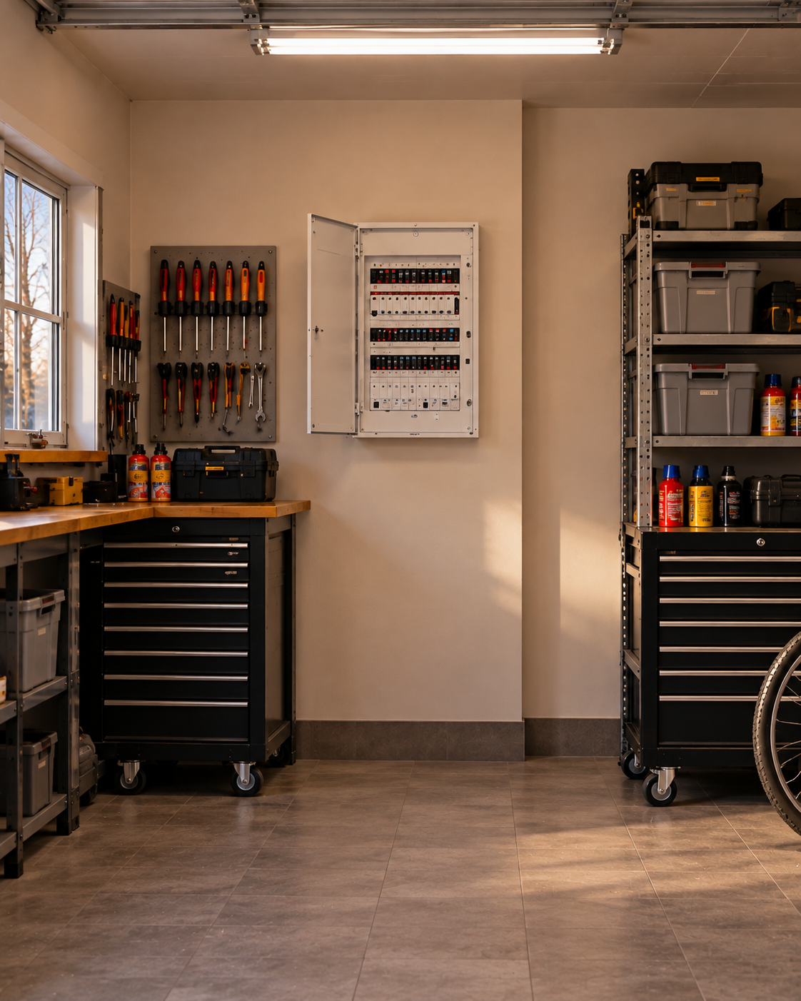 Organized Garage Workshop with Open Breaker Panel.png
