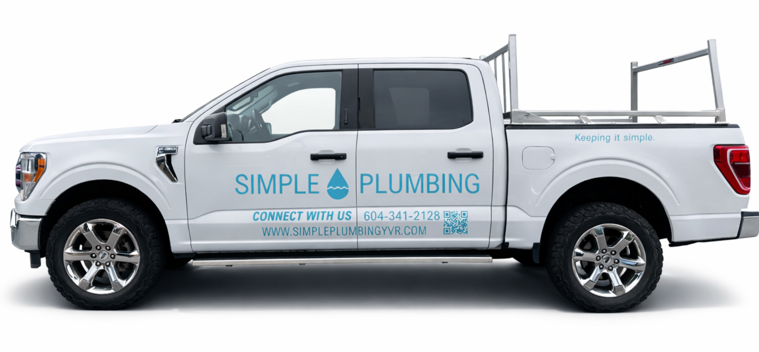 A white pickup truck with branding for Simple Plumbing including the company logo, contact information, website, and slogan.