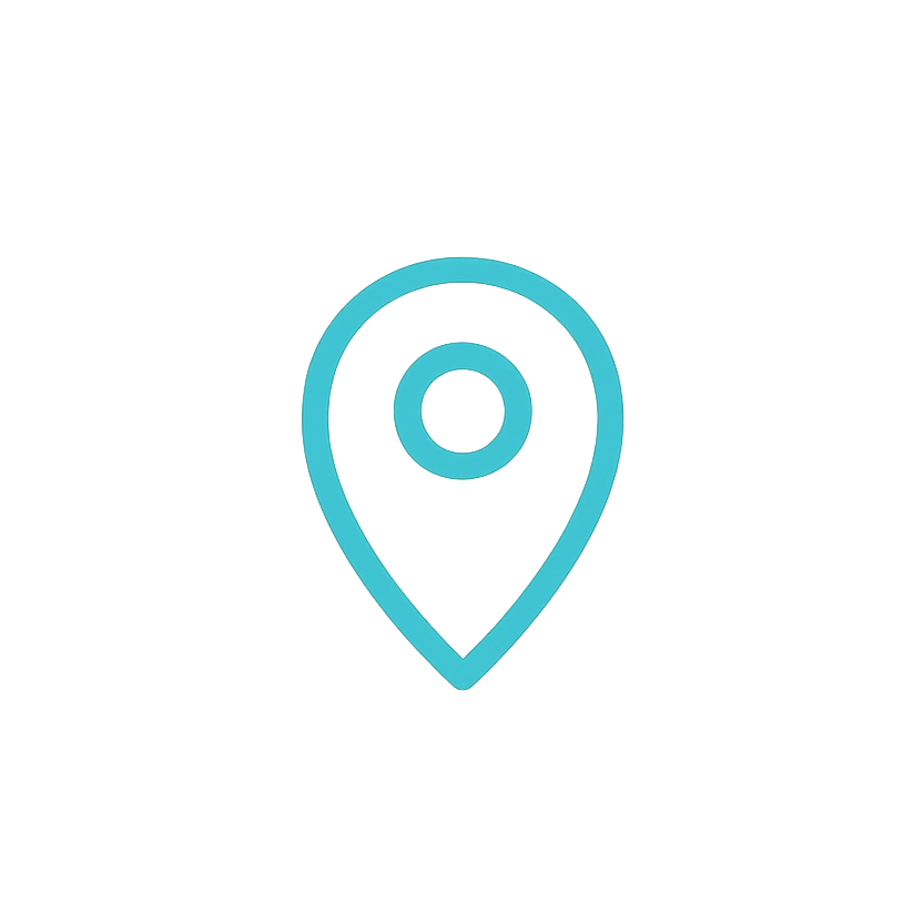 Outline of a location pin icon in light blue on a black background.