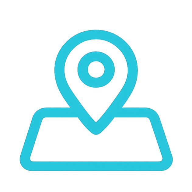 A 3D blue icon of a location pin with a circular target inside, positioned above a rectangular base or map, representing a location marker or navigation.