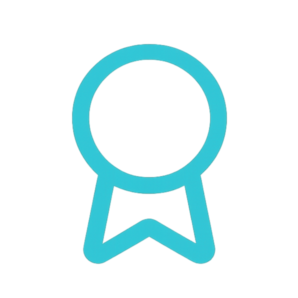 Blue outline of a medal with a circular top and a ribbon, on a black background.