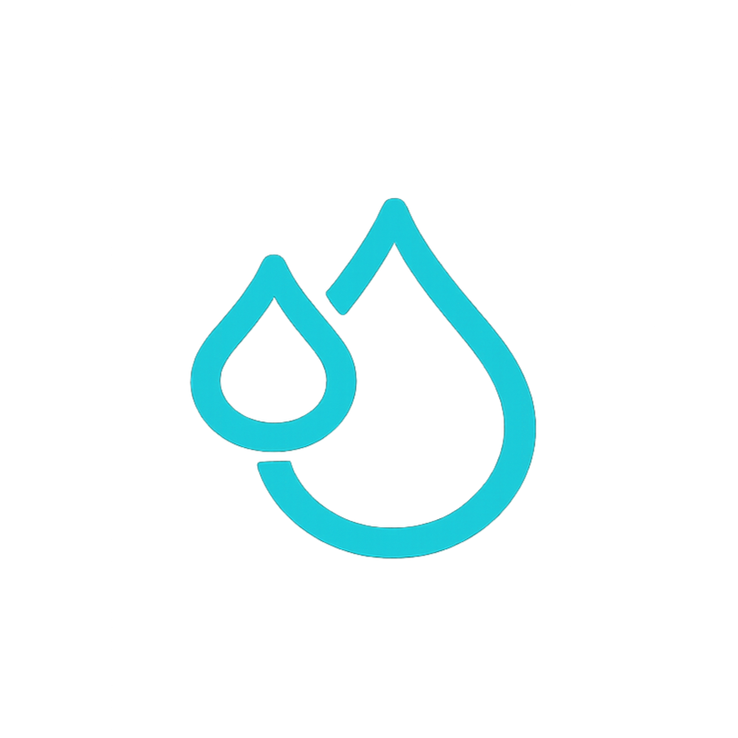 Two stylized water droplets, one larger and one smaller, outlined in blue against a black background.