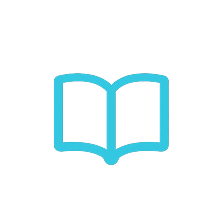 A blue outline of an open book icon on a black background.