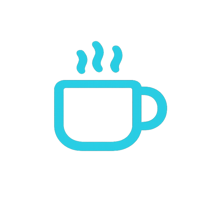 Icon of a steaming coffee mug in blue.