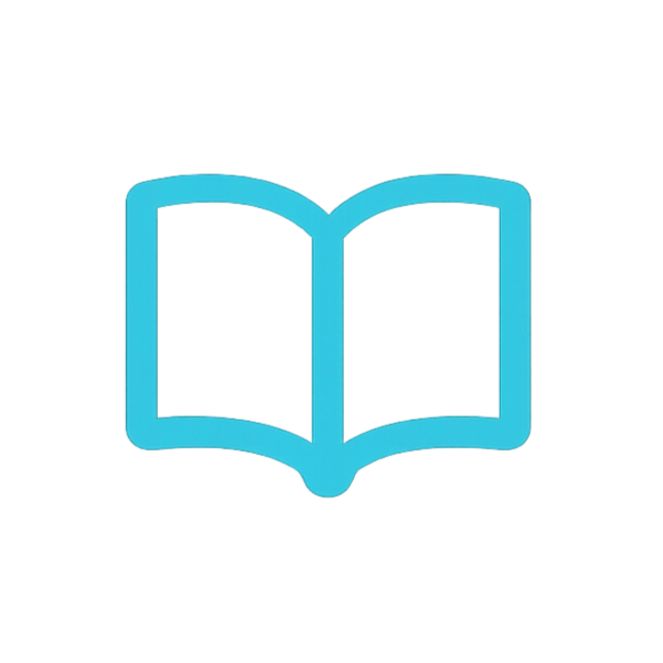 Icon of an open book in light blue outline