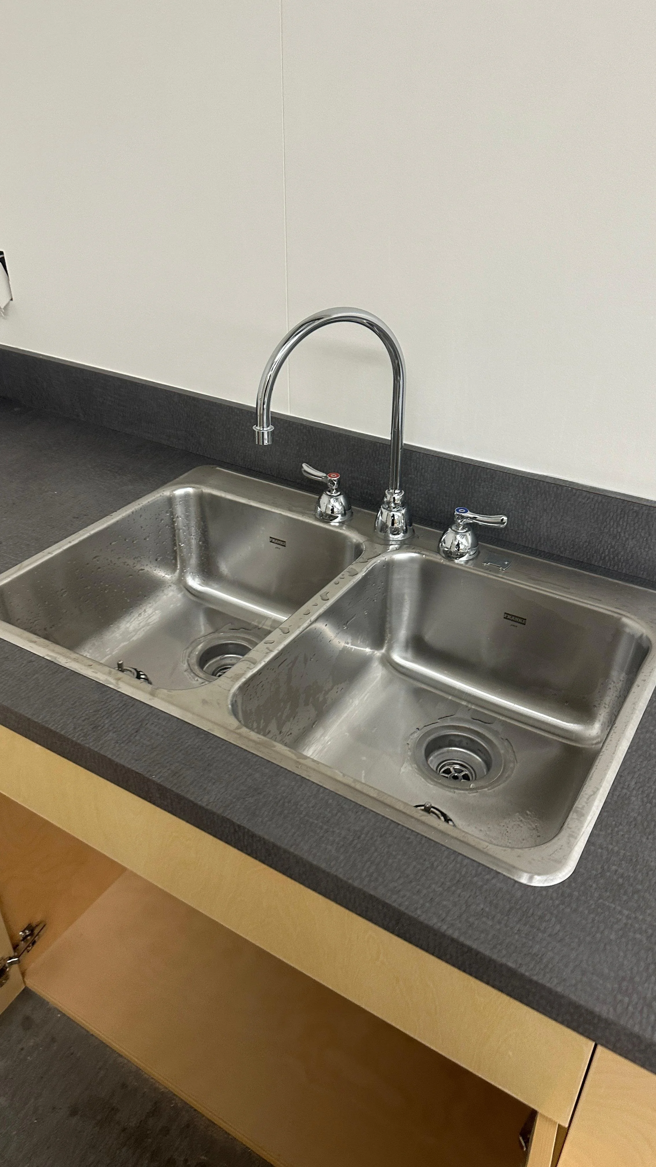Double stainless steel kitchen sink with water droplets, two faucets, and a black countertop.