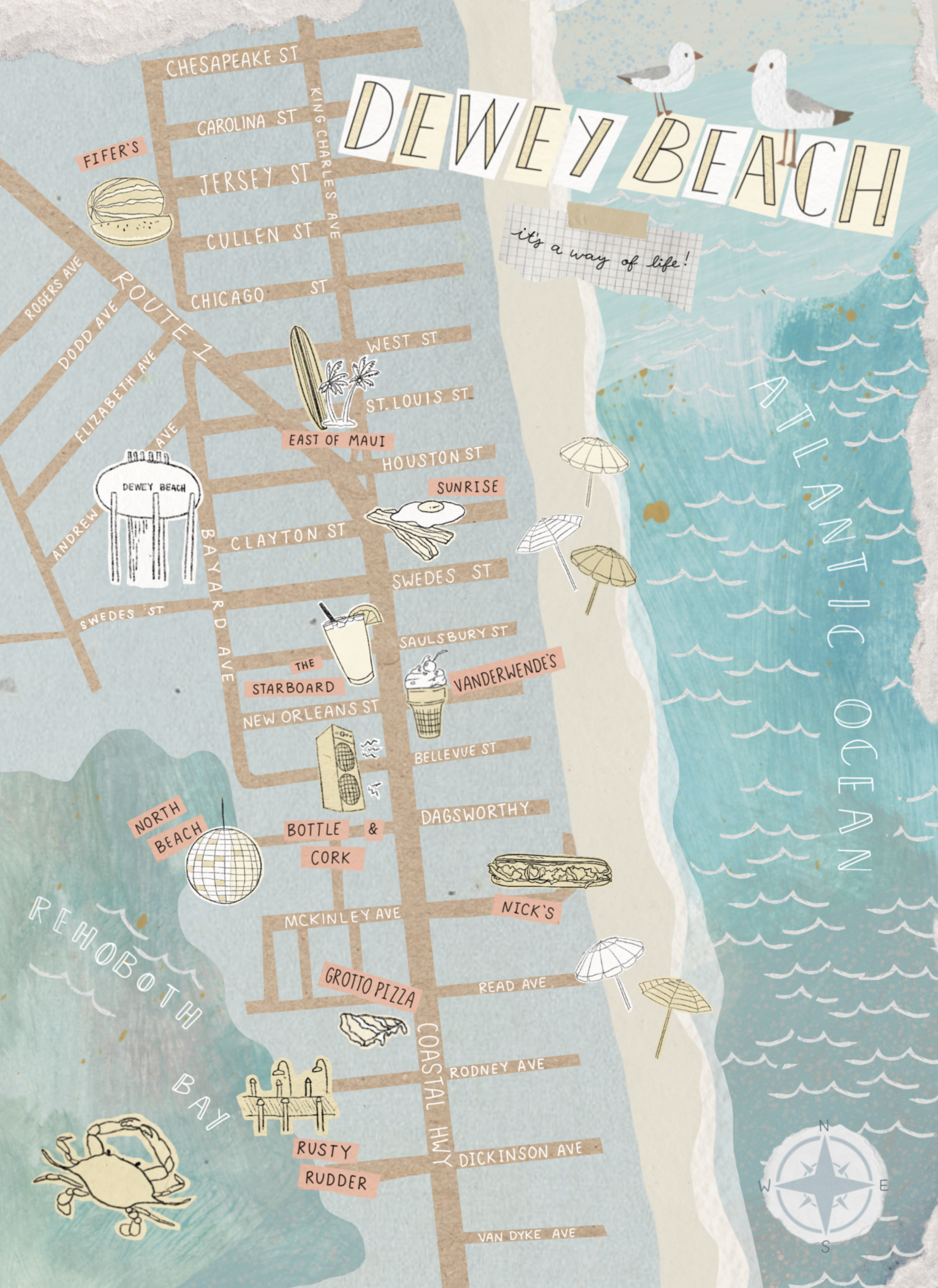 Dewey Beach Delaware collage illustrated map