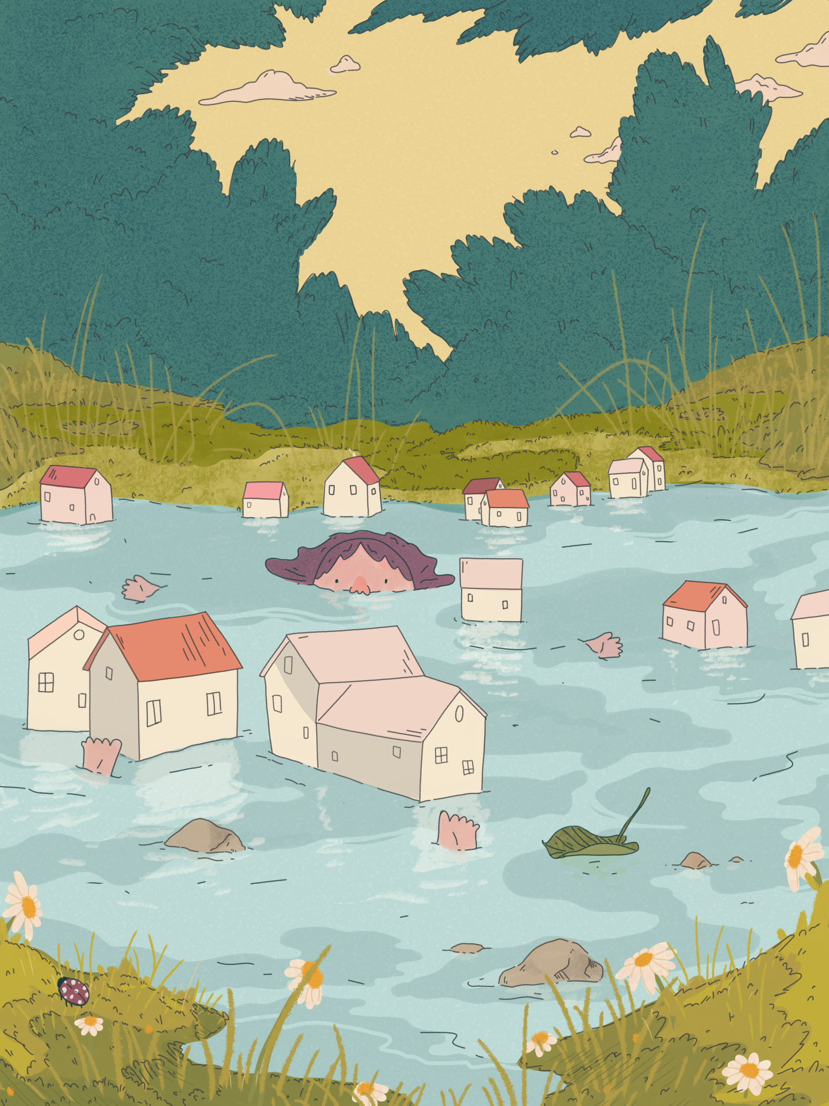 floating girl swimming hole scene
