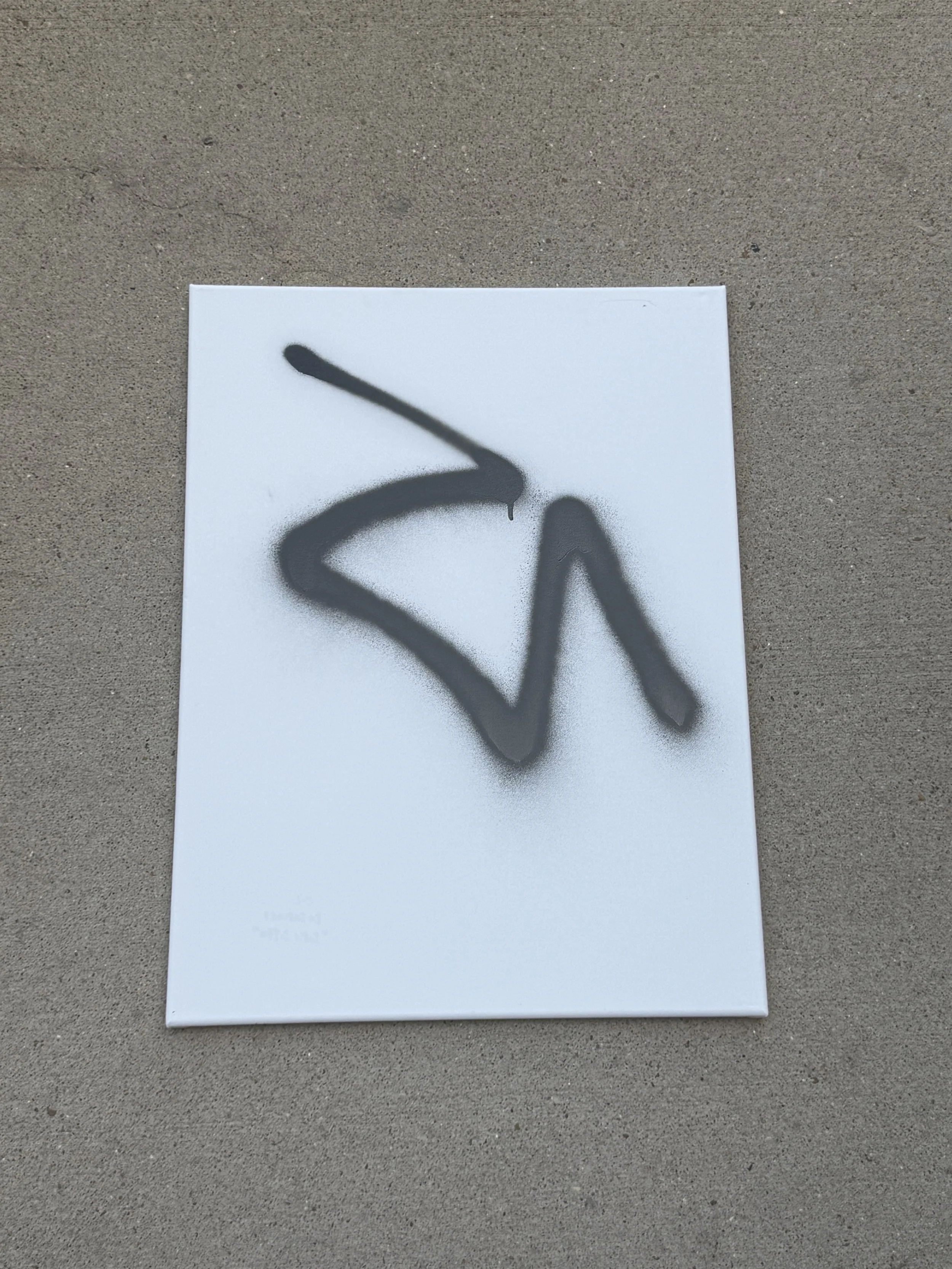 A white canvas with black spray paint graffiti forming an abstract shape.