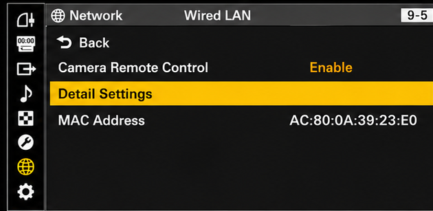 Sony BURANO Wired LAN remote control settings