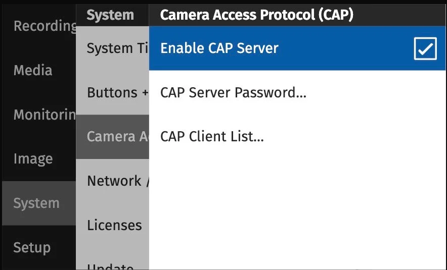 ARRI Alexa 35 Camera Access Protocol menu
