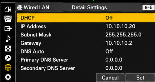 Sony BURANO Wired LAN Detail Settings
