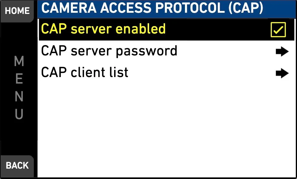 ARRI Alexa Mini Camera Access Protocol menu