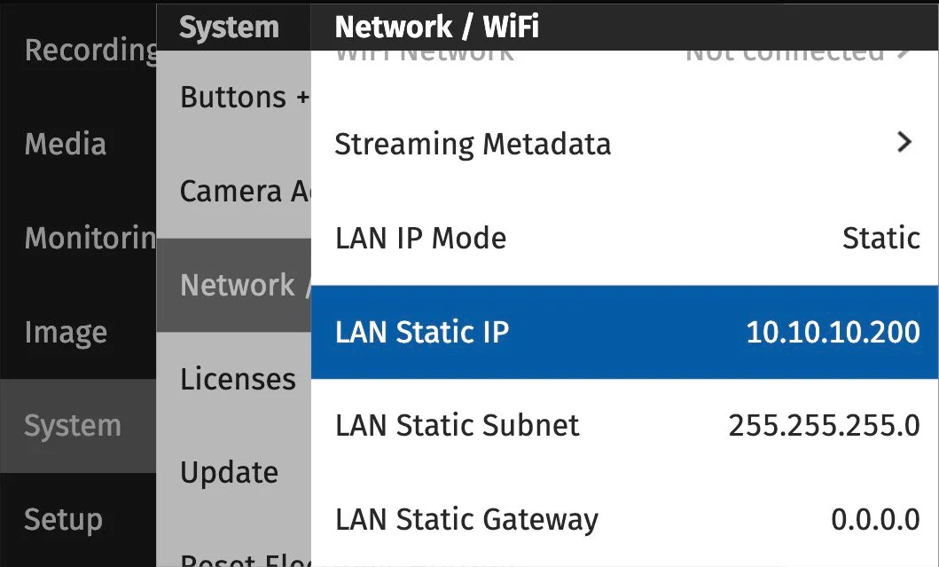 ARRI Alexa 35 network settings menu